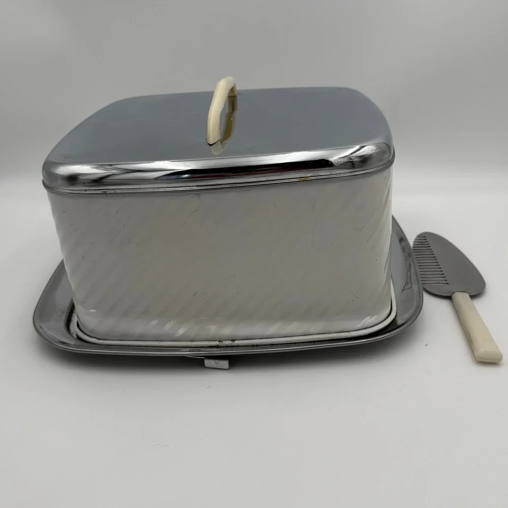 Vintage Mid Century Chrome Metal Cake Carrier Box with Tray and Server Cream